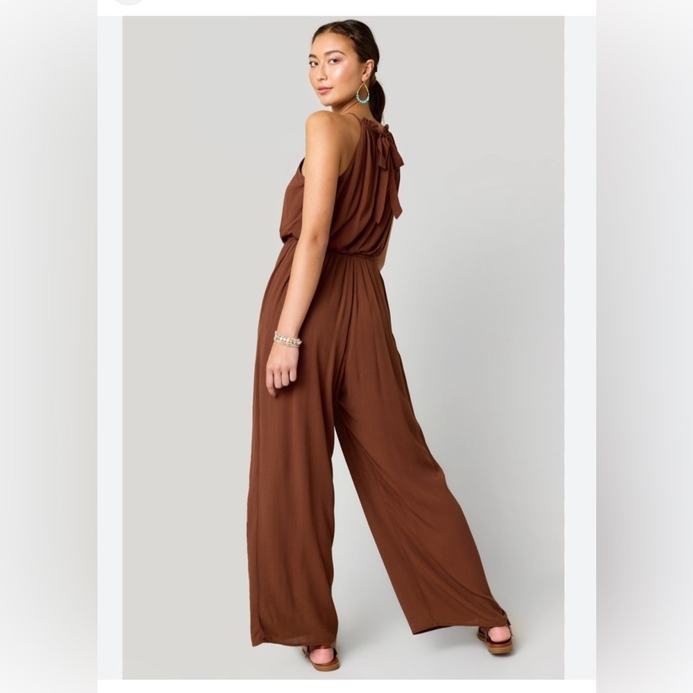 $60 francesca's Medium M Ruffle Tie Brown Haden High Neck Jumpsuit